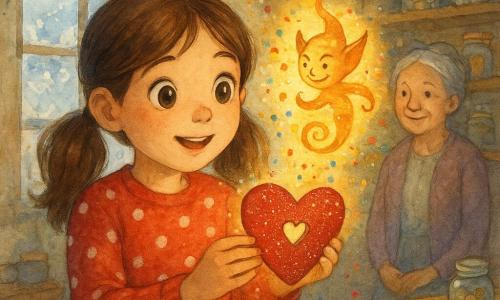 O fată de 10 ani, cu expresie uimită și concentrată, păr șaten în două codițe, ochi mari și strălucitori, purtând un pulover roșu cu buline albe, ține delicat o inimă din carton cu sclipici și o mică deschizătură peste o masă de bricolaj; un spiriduș jucăuș, sub forma unei spirale de lumină aurie cu clopoței, de mărimea unei pisici, cu ochi ștrengari, plutește deasupra inimii lăsând dâre de confetti multicolori; o bunică în jur de 70 de ani, cu părul gri prins în coc și zâmbet blând, stă lângă un raft plin cu borcane cu nasturi și panglici și privește scena din fundalul drept; atelierul e un pod cald cu grinzi de lemn, ghirlande de hârtie, borcane cu vopsea și foarfeci împrăștiate și o fereastră înghețată care lasă să pătrundă o lumină moale; momentele principale: fetița îi înmânează spiridușului luminat ornamentul „Încrederea” într-un moment magic și complice, cu confetti plutind și sclipiri de lumină care accentuează atmosfera veselă și intimă.