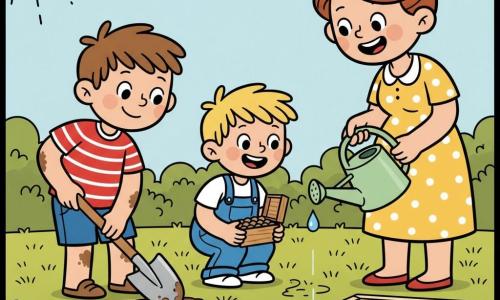 Three characters: a roughly 6-year-old boy with short brown hair and a red-and-white striped t-shirt on the left digging a small hole with a shiny metal shovel; a roughly 5-year-old blond boy in a blue overall crouched center, holding an open seed box and grinning; an adult woman (mother) with chestnut hair in a bun in a yellow polka-dot dress on the right, tilting a light green watering can with a visible drop falling. Scene: a sunny spring garden with textured green lawn, light wood border, colorful flowerbed (red, yellow, blue), a small vegetable patch with dark soil rows, and a pale blue sky with a smiling sun. Action: the children plant seeds in fresh-turned soil—small aligned holes, round seeds gently placed, the watering can sprinkling a fine rain, a small green shoot breaking the soil; bright colors, rounded black outlines, simple proportions and shapes, warm optimistic atmosphere.
