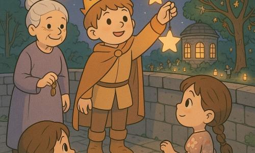 A young prince with a round smiling face, hazel eyes, a warm-brown cloak and light leather boots delicately holds a small star lantern toward a string of lights; to his left stands Lady Mira, an elderly librarian with white hair in a tight bun and a simple lavender dress, holding a small bronze keyring and smiling kindly, while Lila, a ~6-year-old girl with braided brown hair and a floral dress, stands at the bridge railing with a mini lantern, looking at the prince in admiration; the scene is a dusk lantern festival on an old worn stone bridge over a clear river reflecting the lanterns, with a round stone library with lit windows and trees decorated with ribbons and paper stars in the background as the prince hangs glowing stars on a garland above the bridge, children help, warm candles glow, and a shooting star crosses the sky above the river.