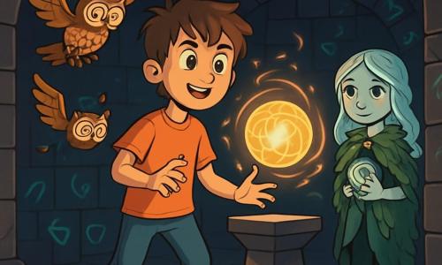 A 12-year-old boy with messy brown hair and sparkling curious eyes stands in the center of a vast underground chamber. His expression is both amazed and determined as he looks at a swirling sphere of light floating before him. Beside him, a small mechanical owl named Sprocket, with crystal-like eyes, flies in circles around him, making gear-like sounds. In one corner of the room, a girl with silver hair and slightly luminescent skin, dressed in a cloak of living vines, watches with an encouraging smile, holding a small glass sphere in her hands. The chamber features black stone walls covered in glowing glyphs, and at the center, a pedestal supports the sphere of light, illuminating the space with a magical glow. The main scene shows the boy ready to activate the sphere, determined to uncover the secrets of the magical city of Arcanum.
