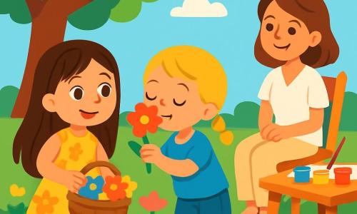Er zijn 3 personages: - Lina: een 6-jarig meisje met lang bruin haar en sprankelende ogen. Ze draagt een gele jurk met bloemen en houdt een klein mandje vol kleurrijke bloemen vast. - Noor: een 5-jarig meisje met blonde vlechten en blauwe ogen. Ze draagt een blauwe t-shirt en een spijkerbroek, en ze ruikt aan een mooie rode bloem. - Mama: een vrouw van ongeveer 30 jaar met kastanjebruin haar en een warme glimlach. Ze draagt een witte blouse en een lichte broek, en ze zit op een tuinstoel en kijkt trots naar hen.

De locatie is een zonnige tuin vol kleurrijke bloemen, met groen en zacht gras onder hun voeten. Er is een grote boom in de schaduw en een tuintafel met schilderijen en kwasten. De lucht is blauw met enkele donzige witte wolken.

De belangrijkste situatie toont Lina en Noor die bloemen plukken in de tuin, lachend en zich vermakend, terwijl Mama met een glimlach naar hen kijkt. De bloemen stralen in de zon en de sfeer is vrolijk en zomers.