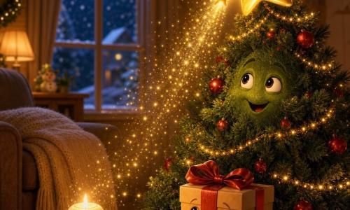 Uma pequena estrela dourada brilhante e sorridente no topo de um sapato de Natal verde e antropomórfico desce seu brilho suave sobre uma vela baixa de cera creme e um presente quadrado com laço vermelho ao pé da árvore; fagulhas douradas caem iluminando um sala acolhedora com chão de madeira, manta bege, janela com neve ao exterior e luz quente, criando uma atmosfera calma e alegre.