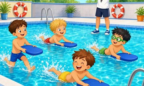Hay cinco personajes: cuatro niños de unos 9 años —un niño de cabello castaño corto con bañador azul a la izquierda junto al borde sosteniendo una tabla de natación y dando un pequeño puntapié; un niño rubio con bañador rojo en el centro avanzando con su tabla y sonriendo; un niño de cabello negro con gafas de natación verdes a la derecha sosteniendo su tabla con seguridad y mirando a sus amigos; un niño castaño con bañador amarillo cerca del centro-derecha riendo y batiendo las piernas— y un entrenador adulto de unos 30 años, alto, de piel clara, con camiseta blanca y silbato, de pie al fondo junto al borde animando. Lugar: piscina exterior soleada con azulejos azul claro, banderines colgados, agua turquesa transparente con pequeñas olas, escalera metálica y boyas rojas visibles. Situación: los niños entrenan juntos con tablas de natación, mostrando alegría, movimiento, salpicaduras ligeras y compañerismo mientras el entrenador los anima.