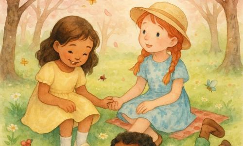 Três amigas em um caminho de cerejeiras em flor: Clara, cerca de 8 anos, cabelos castanhos médios, vestido amarelo claro, sentada à esquerda observando uma formiga na sua sapato e sorrindo; Sofia, cerca de 7 anos, cabelos ruivos trançados, chapéu de palha e vestido florido, sentada à direita de pernas cruzadas segurando a mão de Clara e olhando pétalas cair; Lara, cerca de 8 anos, cabelos curtos pretos, colete azul e calça verde, deitada na relva ao centro observando um caracol e rindo. Cena primaveril com ramos baixos de flores rosa e brancas, pétalas sobre a relva com margaridas, toalha xadrez para piquenique, borboletas e abelhas ao redor, composição suave em tons pastéis com traços aquarela.