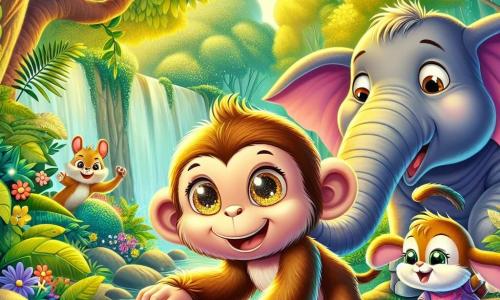 Um macaco chamado Lila, com pelagem dourada brilhante e grandes olhos cintilantes, está à beira de um riacho, seu rosto iluminado pela excitação e determinação. Ela está empurrando uma grande pedra com todas as suas forças, seus braços musculosos esticados e um sorriso cheio de esperança. Ao lado dela, um elefante chamado Beto, imenso e amigável, usa sua tromba para levantar outra pedra, seu olhar concentrado e corpo robusto mostrando sua força. Um pouco mais longe, uma pequena coelha chamada Mimi, com suas grandes orelhas e pelagem macia, salta alegremente para incentivar seus amigos, seus olhos brilhando de orgulho. O cenário é uma floresta verdejante, com árvores majestosas, flores coloridas pelo chão e um riacho cintilante que serpenteia pela paisagem, criando uma atmosfera mágica e viva. A situação principal mostra Lila e seus amigos unidos em um esforço coletivo para desobstruir o riacho, suas expressões cheias de determinação e amizade, ilustrando a força da colaboração em um momento de aventura.