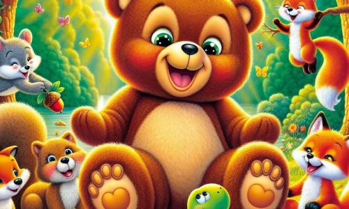 Benny the Bear, a soft and round teddy bear with a big smile and sparkling curious eyes, is sitting on a colorful blanket in the middle of the forest, surrounded by his friends. Lucy the Squirrel, a small red squirrel with a bushy tail, is perched on a branch just above Benny, looking excited with her little paws waving, holding an acorn in her hands. Fred the Fox, a bright orange fox with mischievous eyes, is sitting next to Benny, laughing with a big smile, while Tilly the Turtle, a green turtle with a colorful shell, is lying on her back with her legs in the air, laughing heartily. The setting is a sunny clearing surrounded by majestic trees with golden leaves, and colorful flowers dancing in the breeze. In the center, a large picnic blanket is spread out, filled with acorns, honey, and cookies, creating a joyful and friendly atmosphere. The main scene shows Benny and his friends celebrating their friendship after solving a mystery, sharing laughter and treats under a bright blue sky with rays of sunlight filtering through the branches.