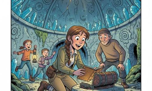 Maja, eine junge Entdeckerin, kniet vor einem runden Steinblock und dreht in einem kleinen offenen Schrein behutsam ein altes Lederbuch; hinter ihr rechts steht ein etwa 70‑jähriger Großvater mit Wollmütze und abgetragenem Pullover, die Hände auf den Knien, Miene zärtlich und stolz; links beobachten drei Dorfkinder (Mädchen 9 und 8, Junge 10) mit großen Augen und sprunghaften Haltungen, eines hält eine Öllampe, ein anderes ein Skizzenheft; die Szene spielt im Dóm, einer kuppelförmigen Höhle mit blaugrün schimmernden Kristallen, in die Steinflächen eingravierten Zahnrädern und Spiralen, goldenem Licht, das durch eine Rissöffnung fällt, und grüner Moosbildung am Eingang; der entscheidende Moment: der Stein vibriert leicht und öffnet ein verborgenes Fach mit dem alten Buch, geheimnisvolle aber warme Atmosphäre, starke Hell-Dunkel-Kontraste, farbenfroher Stil, klare Konturen, überzeichnete freundliche Ausdrücke für eine lesbare, fröhliche Wirkung.