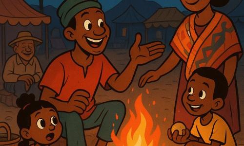 Kofi, ein etwa dreißigjähriger Mann mit warmem Lächeln und schelmischem Blick, sitzt nahe einem tanzenden Feuer auf dem sandigen Dorfplatz bei Nacht, in buntem, einfachem Stoff gekleidet mit einem Marktsack zu Füßen, erzählt mit weiten Gesten; Amina, ca. 35, mit zusammengebundenen Haaren steht rechts hinter ihm, lächelt und legt freundschaftlich die Hand auf seine Schulter, trägt ein großes gemustertes Tuch; ein etwa sechsjähriges Mädchen sitzt vorne links mit offenen Augen und offenem Mund vor Staunen, die Hände auf den Knien; ein neunjähriger Junge mit roten Fingern hockt am Feuer und hält eine geteilte Mango, fröhlich zu Kofi blickend; ein alter Bauernmann (ca. 60) sitzt im Hintergrund mit Leinenhose und Milchsack und lacht leise; im Hintergrund Zelte und bunte Stände, Steinkreise auf ockerfarbenem Sand, eine Akazien-Silhouette und Sterne am tiefblauen Himmel; Szene: Dorfring um ein orange-rotes Feuer mit aufsteigenden Funken, warme, einladende Stimmung; Stil: runde Züge, geschmeidige „rubber hose“-Silhouetten, gesättigte warme Farben, sichtbare Stofftexturen, starker Kontrast zwischen Feuerlicht und weichen Schatten, Komposition zentriert auf Kofi und das Feuer.