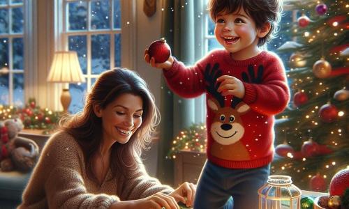 Un niño de 2 años, Tomás, con cabello castaño desordenado y ojos brillantes de alegría, está decorando una mesa con bolas de Navidad de colores. Lleva un suéter rojo con un diseño de reno y pantalones azules. Su rostro irradia emoción mientras sostiene una bola verde en sus pequeñas manos. A su lado, su madre, una mujer de unos 30 años con cabello largo castaño y una sonrisa cálida, lo observa con orgullo. Ella lleva un suéter de lana beige y está cerca de la puerta, lista para entrar en la habitación. La escena tiene lugar en una sala de estar acogedora, decorada con guirnaldas luminosas y un gran árbol de Navidad lleno de decoraciones coloridas. La situación principal muestra a Tomás colocando una bola roja en la mesa, pero esta rueda y cae, lo que lo hace reír. La atmósfera es alegre y festiva, llena del espíritu navideño.