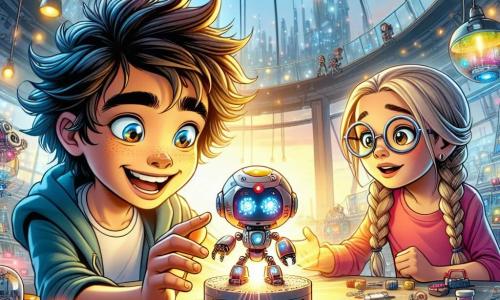 Un niño de 10 años, con cabello alborotado y una sonrisa brillante, se encuentra en el centro de la escena, sosteniendo un pequeño robot en forma de esfera. Sus ojos brillan de emoción y curiosidad mientras observa el robot que emite luces de colores. A su lado, su mejor amiga Lía, una niña de 10 años con trenzas y gafas redondas, mira el robot con asombro, lista para ayudarlo a repararlo. Sus rostros están iluminados por los reflejos del robot, y están en un taller futurista, lleno de mesas circulares cubiertas de piezas de plástico, cables multicolores y herramientas brillantes. Grandes ventanas de vidrio dejan entrar la luz del sol, revelando una vista espectacular de una ciudad futurista, con edificios de cristal y funiculares deslizándose por el cielo. La escena principal muestra al niño y a la niña trabajando juntos para reparar el robot, rodeados de sus amigos que los animan, creando una atmósfera alegre y colaborativa.