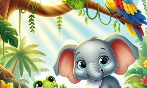 Un piccolo elefante di nome Felix, con una pelle grigia morbida e grandi orecchie espressive, si trova sotto un grande albero nella giungla tropicale. I suoi occhi brillano di eccitazione mentre guarda intorno, pronto per una nuova avventura. Accanto a lui, una piccola rana verde di nome Rina, con macchie gialle sulla schiena, salta gioiosamente su una foglia, mostrando un ampio sorriso. Sembra piena di energia, pronta a mostrare a Felix come esplorare la giungla. Un pappagallo colorato, Paco, con piume brillanti di rosso, blu e giallo, è posato su un ramo sopra di loro. Sembra curioso e amichevole, raccontando una storia avvincente a Felix e Rina, i suoi occhi scintillanti di entusiasmo. La scena si svolge in una giungla lussureggiante, piena di grandi foglie verdi, fiori colorati e liane sospese. Raggi di sole filtrano attraverso il fogliame, creando giochi di ombra e luce sul terreno. La situazione principale mostra Felix, Rina e Paco riuniti, pronti a partire per l'avventura, con espressioni di gioia e eccitazione sui loro volti, circondati dalla bellezza vibrante della natura.