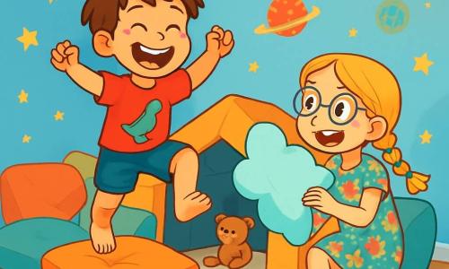Er zijn 2 hoofdpersonages: - Bram: een 7-jarig jongetje met rommelig bruin haar en sprankelende ogen. Hij draagt een rood t-shirt met een dinosaurus en een blauwe short. Hij springt op een kussen en lacht luid. - Lotte: een 9-jarig meisje met gevlochten blond haar en ronde brillen. Ze draagt een kleurrijke bloemenjurk en gestreepte sokken. Ze zit naast Bram, met een wolkenkussen in haar handen, klaar om het te gooien. De situatie speelt zich af in hun kamer, die is omgetoverd tot een waar speelparadijs. De muren zijn lichtblauw geschilderd en versierd met sterren- en planetenstickers. Een groot, zacht tapijt bedekt de vloer, en overal liggen kussens in verschillende kleuren verspreid, die samen een fort vormen. Kleurrijke papieren slingers hangen aan het plafond en voegen een feestelijke sfeer toe. De hoofdactie van het verhaal toont Bram en Lotte die volop avontuur beleven in hun "Geheime Hut". Ze springen op de kussens, lachen en doen alsof ze ontdekkingsreizigers zijn in een fantasiewereld, omringd door hun speelgoed en knuffels die hen vergezellen op hun zoektocht.