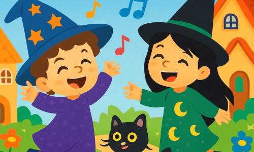 Un giovane mago di nome Pippo, con un grande sorriso malizioso, indossa un cappello a punta blu decorato con stelle dorate. I suoi capelli ricci e castani spuntano dal cappello, e indossa una veste viola scintillante. Pippo danza gioiosamente, con le braccia alzate, circondato da note musicali colorate che fluttuano intorno a lui. Accanto a lui, Luna, una piccola strega di 8 anni, ha lunghi capelli neri e indossa un vestito verde con motivi lunari. Ride mentre fa danzare un gatto nero dagli occhi brillanti, che si trova ai suoi piedi, vivace e curioso. La scena si svolge in un villaggio incantevole, con case di pan di zenzero dai tetti colorati, fiori multicolori che crescono sui marciapiedi e un cielo blu punteggiato di nuvole soffici. Pippo e Luna si divertono insieme, circondati dalla magia, mentre il cappello di Pippo canta una melodia gioiosa, facendo danzare gatti e fiori.