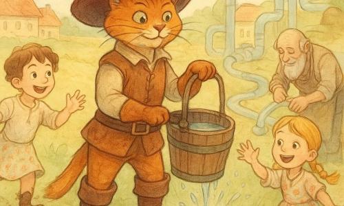 Il Gatto con gli stivali al centro, fiero e malizioso, pelo ruggine lucido, stivali di cuoio e cappello piumato, tira un secchio d'acqua dal vecchio pozzo; alla sua destra un ragazzo di circa 8 anni dai capelli castani ricci ride e tende la mano, alla sinistra una bambina di circa 6 anni con vestito a fiori e trecce salta gioiosa con scarpe impolverate; un vecchio fabbro di circa 60 anni con barba grigia e grembiule di pelle sistema una tubatura trasparente sullo sfondo; il pozzo in primo piano ha pietre muschiose e una margine consumata, mentre sullo sfondo il villaggio di tegole rosse, campi dorati e tubi trasparenti che conducono a serbatoi comuni, con alcuni paesani sorridenti: atmosfera calorosa e festosa al crepuscolo, luci soffuse, lanterne sospese e spruzzi d'acqua scintillanti per l'inaugurazione e la condivisione dell'acqua.