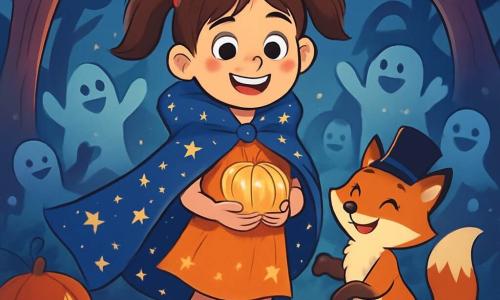 A 12-year-old girl named Lily stands at the center of the scene, her eyes sparkling with excitement and a wide smile on her face. She wears a beautiful shimmering cape adorned with stars, floating around her like a magical cloud. Her brown hair is tied in two pigtails, and she holds a pumpkin-shaped crystal in her hands, radiating a soft light. Next to her is Felix, a mischievous little fox with bright orange fur and a black top hat, joyfully dancing with his tail wrapped around his paws. He looks amused and encouraging, ready to accompany her on her adventure. The setting is an enchanted forest, where twisted trees rise towards the night sky, their leaves sparkling like stars. Shadows dance around them, creating a mysterious yet welcoming atmosphere, with soft lights emanating from carved pumpkins. Lily and Felix dance together, surrounded by joyful silhouettes of ghosts and Halloween creatures, celebrating magic and friendship at the heart of the forest. The air is filled with laughter and vibrant colors, illustrating a scene of courage and joy.