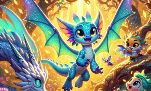 En el centro de la imagen, Lira, una pequeña dragona de escamas azules brillantes y alas translúcidas, despliega sus alas con determinación. Sus ojos brillan de emoción y nerviosismo mientras se lanza al aire, rodeada de hojas doradas que giran a su alrededor. A la izquierda, Sirka, la hermana mayor de Lira, es una dragona majestuosa con escamas plateadas y alas anchas, que la anima con una sonrisa benevolente, sus ojos chispeantes de orgullo. A la derecha, Tilo, un pequeño duende de cabello verde y ojos traviesos, aplaude con entusiasmo, saltando en el lugar, mientras Zuni, una ardilla de pelaje sedoso y ojos vivos, trepa por una rama, agitando una pequeña pancarta colorida. El escenario es un claro encantado, bañado en luz dorada, con árboles de troncos retorcidos y flores brillantes que bailan al compás del viento. Lira está a punto de realizar un salto audaz en el aire, lista para superar sus dudas y demostrar su fuerza interior, mientras sus amigos la animan con alegría y admiración.