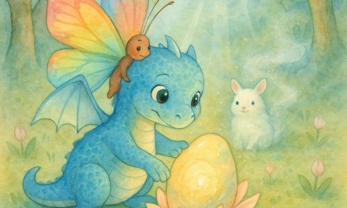 Un pequeño dragón azul tipo bebé, cuerpo redondo y escamas brillantes, ojos grandes y expresivos, alas finas como papel, rostro decidido y tierno, pone una pata sobre una piedra oval que comienza a brillar; una mariposa Aurora, gran mariposa de alas translúcidas en degradado arcoíris, posada en el hombro del dragón, mirada alegre y maravillada, alas ligeramente dobladas; el viejo topo Albino, pequeño mamífero de pelaje blanco, sentado detrás de la piedra con postura tranquila y benévola, ojos llenos de sabiduría, exhalando una nube ligera de polvo plateado; claro de luna en una pradera redonda rodeada de árboles de troncos retorcidos, hierba salpicada de flores cerradas y niebla suave, rayos de luna plateados atravesando la bruma; la piedra del Alba en el centro, superficie rugosa pero pulida, luz dorada y plateada que pulsa en finas ondas, pétalos de flores abriéndose a su alrededor; ambiente mágico y sereno, colores pastel predominantes (azules suaves, dorados pálidos, verdes salvia), texturas de acuarela visibles con salpicaduras controladas para la niebla y los reflejos; composición a plano medio, personajes en primer plano alrededor de la piedra central, perspectiva ligeramente picada para mostrar la pradera entera.