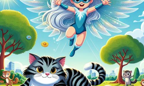 Luna, een superheldin, is een jonge vrouw met lange glanzende vleugels en zilverachtig haar dat in de zon schittert. Ze heeft sprankelende ogen als sterren en een brede blije glimlach. Ze vliegt door de lucht, met open armen, vol energie en vastberadenheid. Karel, een grote kat met gestreepte vacht en doordringende ogen, zit op zijn achterpoten met een gefrustreerde uitdrukking op zijn gezicht, kijkend naar de bloemen met verlangen, klaar om ze te grijpen. Om hen heen is een groep ondeugende eekhoorns, klein en levendig, druk bezig met het verzamelen van hazelnoten. Ze zijn behendig en nieuwsgierig, met pluizige staarten en ondeugende ogen, die rond Karel rennen om hem af te leiden. De scène speelt zich af in een zonnig park, vol kleurrijke bloemen en grote bomen met heldergroene bladeren. De lucht is blauw met enkele donzige witte wolken, en de zonnestralen verlichten het landschap. Luna vliegt boven Karel, probeert te voorkomen dat hij de bloemen pakt, terwijl de eekhoorns om hen heen actief zijn, wat een dynamische en levendige sfeer creëert.