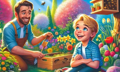 Ein 9-jähriger Junge, Maximilian, mit strahlend blonden Haaren und funkelnden blauen Augen, sitzt in einem blühenden Garten. Er lächelt breit, voller Staunen, während er die summenden Bienen um ein Insektenhotel beobachtet, das er gerade gebaut hat. Neben ihm beugt sich sein Vater, ein etwa 35-jähriger Mann mit freundlichem Gesicht und braunem Bart, zu ihm, um ihm die Bedeutung der Bienen zu erklären, während er ein Gartengerät in der Hand hält. Seine Mutter, eine etwa 33-jährige Frau mit braunen Haaren und sanften Augen, ist etwas weiter entfernt und arrangiert bunte Blumen auf einem Tisch für das Frühlingsfest. Der Garten ist ein wahres Farbenmeer mit blühenden Kirschbäumen, Tulpen und Narzissen, die im leichten Wind tanzen. Sonnenstrahlen brechen durch die Blätter und werfen zarte Schatten auf den Boden. Die Hauptsituation zeigt Maximilian, der von der Natur fasziniert ist, während er lernt, die Bienen zu schützen und mit seiner Familie den Frühling zu feiern, umgeben von floraler Schönheit und den fröhlichen Klängen von Vögeln und Insekten.