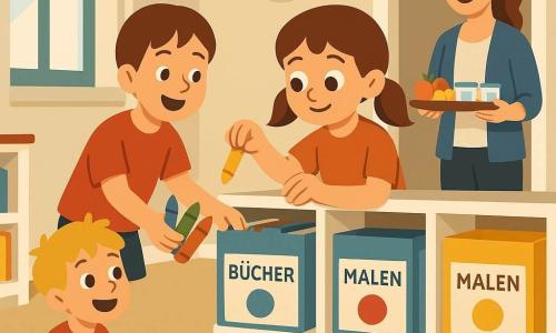 Mira, 8 Jahre, lächelnd und konzentriert, braune Zöpfe, große neugierige Augen, hält einen Becher mit gelben Stiften und legt einen Stift in eine blaue Box mit der Aufschrift MALEN; Jona, etwa 7, blonder wuscheliger Junge, kniet fröhlich neben ihr im roten T‑Shirt und bringt drei Stifte wie ein "Taxi" zur selben Box; die Mutter, etwa 35, brünett zusammengebunden, steht im Türrahmen mit einem Tablett voller Obst und Joghurts und lächelt; das Zimmer ist farbig und zoniert: beiger Teppich, weiße Regale mit beschrifteten Boxen BAUSTEINE (rot), BÜCHER (blau), MALEN (gelb) sowie bunten runden Aufklebern, eine einfache Wanduhr zeigt zehn Minuten, einige Bücher stehen, ein kleines Dorf aus Bauklötzen auf dem Boden; Situation: Mira und Jona räumen langsam und organisiert zusammen, Mira führt und legt ein Objekt weg, Jona bringt weitere, ruhige kooperative Stimmung, weiches Licht von links.