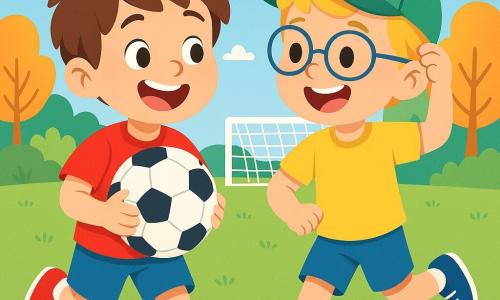 Téo, um garoto de 8 anos, é alegre e entusiasmado, com cabelos castanhos bagunçados e um grande sorriso. Ele usa uma camisa vermelha brilhante e shorts azuis, segurando uma bola de futebol nas mãos, pronto para jogar no campo. Ao seu lado, seu amigo Lucas, um garoto de 7 anos com óculos e cabelos loiros, ri enquanto ajusta seu boné verde, pronto para entrar no jogo. Ao fundo, vê-se um grande campo de futebol verde, cercado por árvores coloridas e um céu azul brilhante. A cena principal mostra Téo e Lucas correndo juntos em direção à bola, com sorrisos de alegria nos rostos, prontos para marcar um gol.