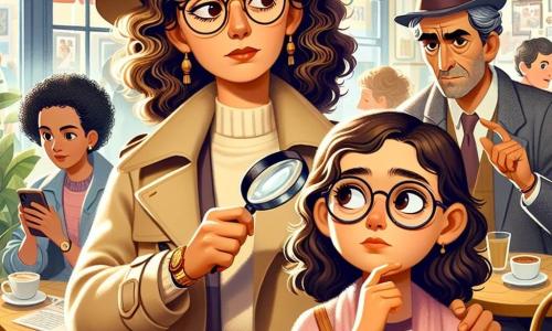 Clara Moreira, uma detetive de cerca de trinta anos, tem cabelo castanho e cacheado, vestindo um trench coat bege e um chapéu de feltro. Ela exibe uma expressão concentrada e determinada, segurando uma lupa em uma mão e um caderno na outra, observando atentamente uma cena à sua frente. Ao seu lado, Marta, uma jovem de cerca de 25 anos com cabelo loiro e óculos, parece ansiosa mas aliviada. Ela se mantém um pouco afastada, olhando para Clara com esperança, enquanto aponta discretamente para um homem ao longe. Carlos, um homem de quarenta anos, é um ex-funcionário com cabelo negro grisalho e um olhar suspeito. Ele está em uma mesa de café, parecendo desconfiado, verificando seu telefone, inconsciente de que está sendo observado. A cena acontece em um café movimentado, com mesas de madeira, cadeiras coloridas e clientes conversando alegremente ao fundo. Luzes suaves iluminam o local, criando uma atmosfera acolhedora e intrigante. Clara observa Carlos, pronta para desmascarar seu plano, enquanto Marta, com esperança nos olhos, indica discretamente a ameaça que pesa sobre ela.