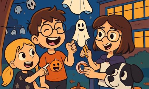 Há 4 personagens: Tomás, um garoto de 12 anos com cabelos castanhos bagunçados e óculos redondos, vestindo uma camiseta laranja com um padrão de abóbora e calças pretas, está no centro rindo alegremente. Rita, uma garota de 12 anos com cabelos longos e loiros presos em dois rabos de cavalo, usa um vestido preto com estrelas prateadas e botas vermelhas, está à esquerda de Tomás apontando para um fantasma de papel. Lara, uma garota de 12 anos com cabelos castanhos e óculos quadrados, veste uma capa roxa e uma camiseta branca, está à direita de Tomás segurando um rolo de fita adesiva com um sorriso tímido. Pipo, um cachorro preto e branco com orelhas caídas e um bandana laranja no pescoço, está sentado ao lado de Lara observando o grupo com curiosidade. A cena acontece em um pátio escolar decorado para o Halloween, com lanternas em forma de abóbora iluminadas, folhas secas espalhadas pelo chão e guirlandas de fantasmas de papel penduradas nas árvores. Os crianças estão decorando um fantasma de papel que pendura em uma árvore, rindo e se divertindo juntos. Tomás faz uma careta engraçada, enquanto Rita aponta para o fantasma e Lara tenta colá-lo com fita adesiva, enquanto Pipo observa com curiosidade.