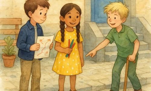 Drie kinderen staan voor de wijkbibliotheek: Sam (9) met kort kastanjebruin haar, marineblauw jasje en beige broek links, houdt een kaart met rode pijlen; Noor (9) in een gele jurk met witte stippen in het midden, gevlochten haar, glimlacht en houdt kleurpotloden; Finn (10) rechts bij een laag grijs stenen muurtje, warrig blond haar en groene broek, leunt op een lichte houten stok en wijst naar een hoek waar een helling handig zou zijn. Ze bekijken en schetsen een oplossing om de ingang toegankelijk te maken; papieren, posters en kleurpotloden liggen verspreid op de lichte klinkers voor een oneffen stenen trap en een blauwe houten deur, zachte ochtendlichtsfeer en pastelkleuren met aquareltextuur.