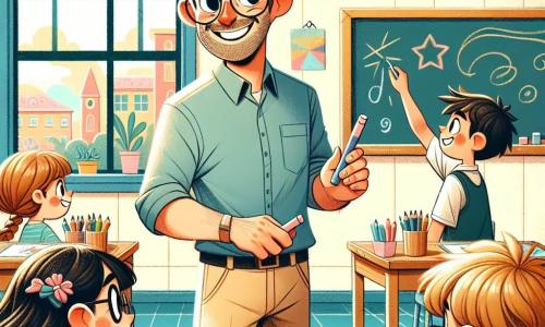 A smiling teacher in his thirties, with slightly tousled brown hair and round glasses, stands in the center of the classroom. His face radiates pride and enthusiasm as he observes his students. He wears a blue shirt and beige pants, holding a piece of chalk in his hand. To his right, an 8-year-old girl named Mei, with long braided black hair and glasses, carefully draws stars on a blackboard. To his left, a 9-year-old boy named Sam, with messy blonde hair and a big smile, holds a clipboard and takes notes seriously. The scene takes place in a bright classroom with pastel yellow walls, colorful posters, and windows letting in sunlight. Wooden tables are arranged in small groups, with colored pencils scattered around. The teacher passionately explains how to use pieces of chalk to create artwork, while the children listen attentively, captivated by his words. The atmosphere is joyful and creative, filled with laughter and excitement.