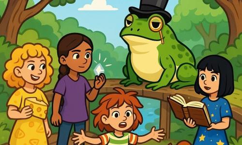 There are 4 characters: Pippa, a 10-year-old girl with curly blonde hair, wearing a yellow dress with cheese patterns. She holds a piece of cheese in one hand and looks at the toad with a mischievous smile. Zadie, an 11-year-old girl with braided brown hair, dressed in a purple tunic, has a focused expression and is making a small stone shine in her hand, ready to make something invisible. Trix, a 9-year-old girl with messy red hair, is wearing green pants and a striped t-shirt, surrounded by curious squirrels, arms outstretched as if trying to control them. Mina, a 10-year-old girl with smooth black hair, wears a blue dress with stars and holds an open book floating in front of her, its pages fluttering as if alive. The setting is an old wooden bridge surrounded by lush forest with gnarled trees and bright green leaves. A sparkling stream flows below, and the clear blue sky is dotted with fluffy clouds. In the center of the bridge stands a large green toad with a monocle and a top hat, proudly reflecting sunlight. The main scene shows the four girls facing the toad, which challenges them to impress it to pass. Pippa smiles holding her cheese, Zadie is ready to shine her stone, Trix is surrounded by curious squirrels, and Mina looks at her floating book with excitement.
