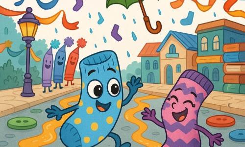 O personagem principal é Tico, meia pela metade azul‑céu com bolinhas amarelas, rosto bordado, grandes olhos e sorriso costurado, saltando num seixo em forma de botão. A meia secundária é Lila, listrada roxa e rosa com zig‑zag, maliciosa e rindo, estendendo a mão para brincar ao lado de Tico. Um guarda‑chuva acrobata chamado Pingo, verde maçã com cabo de madeira esculpida, gira suspenso acima. Um grupo de lápis dança em fileira com cores vivas e sorrisos pintados, pompons de borracha a saltitar. Chapéus flutuam como balões, em feltro e palha, com fitas ao vento. O cenário é a Cidade dos Objetos Perdidos: ruas de botões gigantes, um riachinho de suco de laranja cintilante, fachadas de livros empilhados, postes de luz feitos de lápis e guirlandas de fitas. A cena mostra um encontro alegre num carnaval de objetos vivos, todos rindo e dançando sob uma chuva leve de confetes em forma de meias.