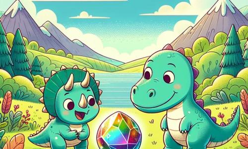 Ein kleiner Triceratops namens Tino mit strahlend grüner Haut, drei spitzen Hörnern und einem großen Schild auf dem Kopf zeigt große Neugier, während er einen großen, runden und schimmernden, bunten Stein betrachtet. An seiner Seite steht sein Freund, ein mehrere Meter langer Diplodocus namens Dino mit einem langen Hals und hellblauer Haut, der lächelt und den Stein mit Staunen beobachtet. Sie befinden sich in einem weiten, grünen Tal, umgeben von majestätischen Bergen und großen Bäumen mit bunten Blättern, unter einem blauen Himmel mit flauschigen weißen Wolken. Die Szene zeigt Tino und Dino, die um den magischen Stein spielen, der in allen Farben leuchtet und Freundschaft und Abenteuer symbolisiert.