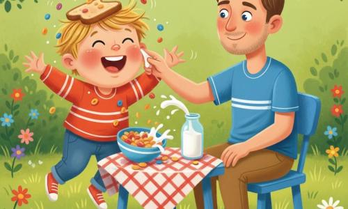 A joyful, chaotic Father’s Day breakfast in a backyard: a crumb-covered 4-year-old blond boy with bright blue eyes wears a slice of toast as a hat, laughing and jumping; a ~35-year-old man with short brown hair and stubble sits beside him smiling and wiping a milk drop; green grass with daisies and dandelions, a blue painted wooden table, a red-and-white check picnic blanket, a tipped cereal bowl with flakes scattered and an open milk bottle splashing; warm, bright atmosphere, soft pastel textures, vivid colors and rounded shapes, composition focused on the father–son bond.