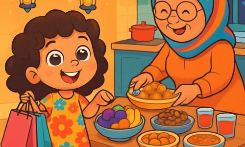 Uma menina de 6 anos, com grandes olhos brilhantes e cabelos cacheados, sorri alegremente segurando sacolas de presentes coloridos. Ela usa um vestido leve com estampas florais, cheio de cores vibrantes, e seu rosto irradia excitação e felicidade. Ao lado dela, a senhora Amina, uma mulher de cerca de 60 anos, com cabelos grisalhos e um lenço colorido, sorri calorosamente. Ela está preparando a mesa para a refeição, adicionando pratos cheios de deliciosas comidas tradicionais. A cena acontece em uma cozinha acolhedora, decorada com lanternas cintilantes e tapetes coloridos, com uma grande mesa de madeira ao centro, adornada com pratos de frutas, doces e bebidas. Luzes suaves iluminam o ambiente, criando uma atmosfera calorosa e festiva. A situação principal mostra a menina e a senhora Amina compartilhando um momento alegre, preparando juntas a refeição do Ramadan, cercadas de risos e cores vibrantes, prontas para receber amigos e familiares para o iftar.