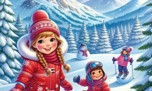 An 11-year-old girl named Lily stands at the top of a snowy hill, her cheeks rosy from the cold and a big smile on her face. She wears a bright red parka, wool gloves, and a hat with a pom-pom, ready to slide down on her snowboard. Next to her is her best friend Mia, also 11, with braided brown hair and a beaming smile, adjusting her ski goggles, eager to follow Lily. At the bottom of the hill, Lily's 7-year-old brother Ben is building a snowman, his eyes shining with joy and his small hands numb from the cold. The enchanting landscape features majestic snow-covered fir trees and a bright blue sky sprinkled with gently falling sparkling snowflakes. The scene exudes happiness and excitement, capturing the spirit of winter and friendship. Lily, full of energy, is about to glide on the snow, while Mia and Ben watch, excited to share this adventure.