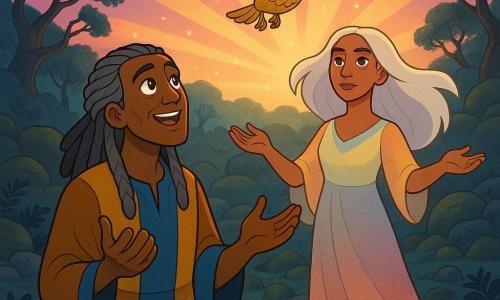 Olú é um homem de rosto sereno e olhos brilhantes, cabelos grisalhos trançados, vestido ocre e azul, emocionado com as mãos erguidas em direção à luz; a Guardiã é uma mulher de pele cobre e cabelos brancos esvoaçantes, veste túnica translúcida em tons de alvorecer e se mantém um pouco atrás com braços abertos e olhar calmo e firme; Egbe é um pássaro-guia de penas douradas em pleno voo sobre Olú, expressão vigilante. O cenário é o Vale das Sombras: colinas baixas com samambaias escuras, árvores retorcidas, pedras cobertas de musgo e um riacho cintilante, sob um céu onde nasce uma aurora de rosa, ouro e violeta, com partículas de luz no ar; a cena contrasta sombras azuladas no chão com a luz quente da aurora, centrada na relação entre Olú, a Guardiã e Egbe.