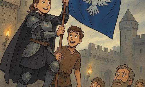 Ritterin Alina (Mädchen) mit offenem, entschlossenem Gesicht, gebundenen braunen Haaren und leicht beschädigter Stahlrüstung samt dunklem Umhang hisst stolz auf der Burgmauer ein großes blaues Banner mit silbernem Falken und sieben Sternen an einer Holzstange; Knappe Jaro (ca. 14) hinter ihr nervös-erfreut, hält die Stange und schaut zur Menge; Burgherr Arnulf (50–60) mit grauem Bart unten im Hof, sichtbar erleichtert, Hände auf der Brust; zwei erleichterte Dorfbewohner am Fuß der Mauern zeigen und lächeln; ein kleiner roter Fuchs sitzt im Schatten eines Steins; Ort: mittelalterlicher Burghof aus grauem Stein mit nassen Pflastersteinen, Türmen, Fahnen und Fackeln, nach einem Gewitter, dramatischer, triumphaler Moment beim Hissen des wiedergefundenen Banners, leichte Vogelperspektive, kontrastreiche Farben und hoffnungsvolle Atmosphäre.