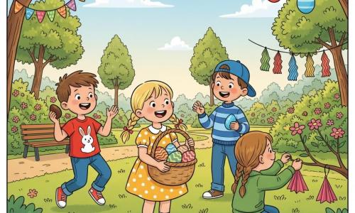 Four 6-year-old children at a bright spring urban park: Lily, a blonde girl with pigtails in a yellow polka-dot dress holding a large wicker basket of colored eggs at the center, smiling at her friends; Max, a brown-haired boy in a red rabbit T‑shirt to Lily’s left, holding a chocolate egg and clapping as he hops; Emma, a light-brown-haired girl in a braid and green jacket to Lily’s right, crouched attaching a paper garland to a branch; and Noah, a slightly tanned boy in a blue cap and striped sweater just behind Lily proudly showing a sparkling blue egg; they are in a green lawn with flowering bushes, low branches, a wooden bench and paved path, colorful bunting and balloons hung in the trees, searching for Easter eggs with full baskets, joyful expressions and soft late-morning sunlight.