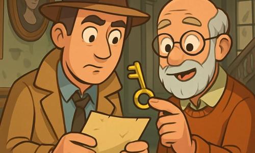 Un hombre, Julián, es un detective de unos cuarenta años, con cabello castaño ligeramente canoso, vistiendo un trench coat beige y un sombrero fedora. Su rostro expresa concentración y curiosidad, mientras sus ojos brillantes examinan atentamente una vieja carta que sostiene en sus manos. A su lado, Tomás, un hombre de unos 70 años, con barba blanca y gafas redondas, le muestra una llave dorada a Julián, su cara marcada por arrugas que reflejan su experiencia. Están en el gran vestíbulo de la mansión de los susurros, donde las paredes adornadas con retratos polvorientos y muebles antiguos crean una atmósfera misteriosa. La luz tenue filtra a través de ventanas polvorientas, proyectando sombras intrigantes sobre el suelo de madera. La escena principal muestra a Julián y Tomás en plena investigación, rodeados de objetos antiguos, buscando pistas para resolver el misterio de la desaparición de la señora Aurora.