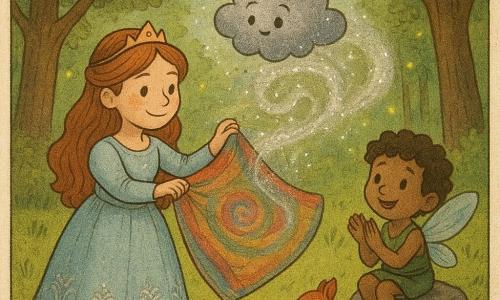 Una princesa de unos 12 años, rostro dulce con pecas, vestido azul pálido con bordados plateados y sonrisa tranquilizadora, sostiene un gran tapiz colorido que sacude suavemente mientras baila; una nubecita de polvo mágico llamada Polvín, gris plateado y brillante, revolotea sobre el tapiz, asombrada; un duendecillo Nimbo, niño de tamaño infantil con alas húmedas plegadas y pelo rizado castaño, está sentado en una piedra a la derecha aplaudiendo con expresión agradecida; una ardilla pequeña hembra de pelaje rojizo brillante sostiene una nuez dorada entre las patas y mira a la princesa desde la hierba cercana; el claro es redondo, bañado en luz dorada, con hierba corta, piedras planas y troncos grandes formando una bóveda de hojas, y luciérnagas al fondo; la princesa baila despacio para sacudir el tapiz sin dispersar el polvo, creando espirales de polvo plateado que revelan pequeños recuerdos flotantes en una atmósfera tierna, serena y luminosa.