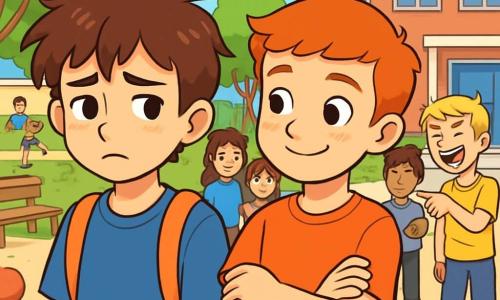 A 12-year-old boy, Liam, with messy brown hair and brown eyes, stands in the center of the schoolyard looking sad and a bit worried, his shoulders slightly slumped. To his right, Max, a 12-year-old boy with red hair and freckles, smiles encouragingly with his arms crossed, showing his support for Liam. In the background, a group of students, including Jake, a 13-year-old boy with blonde hair and an arrogant attitude, laughs while making a mocking remark, as other students watch, some with disapproving expressions. The schoolyard is lively, with green trees, wooden benches, and children playing ball, creating a vibrant yet tense atmosphere. The main situation shows Liam facing bullying but also the support of his friend Max, illustrating the theme of friendship in the face of harassment.