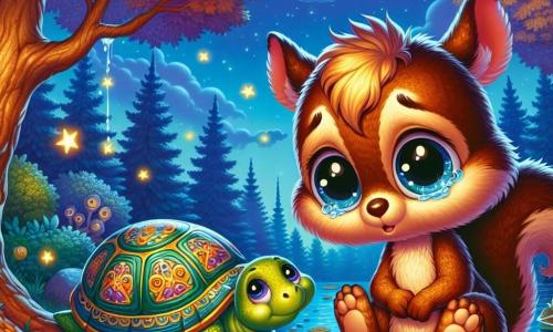 Ein kleiner brauner Eichhörnchen namens Fips, mit großen runden und glänzenden Augen, sitzt auf einem Baumast, sein Gesicht drückt eine sanfte Melancholie aus. Er hält ein buntes Buch mit Zeichnungen und Geschichten in den Händen und schaut zum sternenklaren Himmel, wo ein Stern intensiv leuchtet. In der Nähe beobachtet eine sanfte und weise Schildkröte namens Tante Schnuppernase, mit einem grünen Panzer, der mit goldenen Mustern verziert ist, Fips mit einem tröstlichen Blick, ihr Ausdruck von Zärtlichkeit und Verständnis geprägt. Sie sitzt auf einem Felsen, etwas im Hintergrund, und bietet ihre stille Unterstützung an. Der Ort ist eine verzauberte Lichtung, von Mondlicht durchflutet, umgeben von majestätischen Bäumen mit goldenen Blättern, die eine friedliche und magische Atmosphäre schaffen. Glühwürmchen tanzen herum und fügen der Szene einen Hauch von funkelndem Licht hinzu. Die Hauptsituation zeigt Fips, der sein Erinnerungsbuch durchblättert, mit Tränen in den Augen, aber mit einem leichten Lächeln, während er sich an die glücklichen Momente mit seiner Großmutter erinnert und Trost in seinen Erinnerungen sucht, umgeben von der Schönheit der Natur.