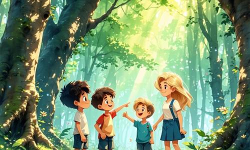 In una radura soleggiata nel cuore di una foresta verdeggiante, quattro bambini si trovano insieme, circondati da alberi maestosi con foglie di un verde brillante. Marco, un ragazzo di 10 anni con capelli neri disordinati e un sorriso coraggioso, è al centro, indicando un grande albero con entusiasmo. Sara, una ragazza di 9 anni con capelli biondi e ricci, è alla sua destra, con gli occhi brillanti di eccitazione, tenendo un cartello colorato che dice 