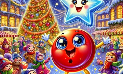 Ein kleiner roter Knopf mit goldenem Rand, dessen Augen vor Freude strahlen, rollt begeistert über einen lebhaften Weihnachtsmarkt, umgeben von funkelnden Lichtern und bunten Dekorationen. Er lächelt breit und ist voller Aufregung, während er sich darauf vorbereitet, die Magie von Weihnachten zu entdecken. An seiner Seite tanzt ein strahlender blauer Stern fröhlich in der Luft, mit einem lächelnden Gesicht und schelmischen Augen. Sie wirbelt um den Knopf und ermutigt die Kinder, Weihnachtslieder zu singen. Der Weihnachtsmarkt ist voller bunter Stände, geschmückt mit Lichtergirlanden und funkelnden Dekorationen. Sanfte Schneeflocken fallen vom Himmel und verleihen der festlichen Atmosphäre einen märchenhaften Touch, während Familien lachen und sich um einen großen, beleuchteten Weihnachtsbaum versammeln. Die Hauptszene zeigt den kleinen Knopf und den Stern, die vereint in ihrer Mission sind, die Freude von Weihnachten zu verbreiten, während sie die Passanten anregen, anzuhalten, zu lächeln und gemeinsam zu singen, was eine warme und festliche Stimmung schafft.