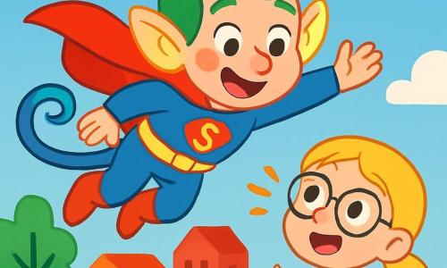 Super Leo è un uomo con capelli verdi brillanti, una lunga coda a spirale e grandi orecchie che brillano. Ha un sorriso gioioso e occhi scintillanti di eccitazione. Vola in aria, le braccia aperte, pronto ad aiutare i suoi amici. Accanto a lui, una bambina di 8 anni, di nome Mia, ha capelli biondi e occhiali rotondi. Guarda Super Leo con ammirazione, tenendo un piccolo taccuino da disegno tra le mani. Lo sfondo è una città colorata, con edifici dalle facciate vivaci, alberi con foglie danzanti e un cielo blu punteggiato di nuvole soffici. La scena principale mostra Super Leo pronto a tuffarsi verso il suolo, pronto a salvare la città che trema sotto i suoi piedi, mentre Mia lo incoraggia con entusiasmo.