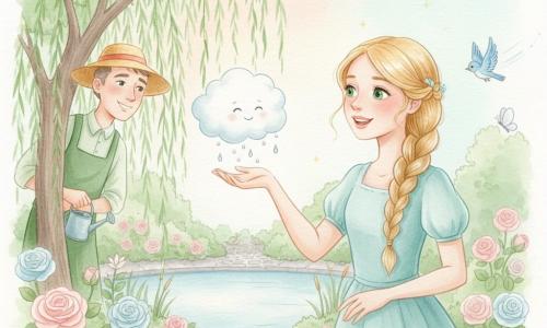 A gentle, smiling princess (girl about 12) with bright green eyes and braided blonde hair reaches toward a small, round cottony cloud while singing, in a calm, tender pose; the white cloud, dotted with tiny silver bead-like droplets, looks relieved and joyful. A gardener (man about 45) in a straw hat and green smock watches from behind a tree to the left, smiling and holding a small watering can. A blue bird and a small white butterfly flutter nearby with blurred wings. The secret garden has a silver-stone path, a mirror-like pond reflecting the sky, beds of pink and pale-blue roses, and a weeping willow with long green leaves. Soft, pastel watercolor light in peach-pink and mint-green with small touches of gold on the droplets. The scene: the princess sings with the cloud, which makes music for the flowers and birds, a serene, magical moment.
