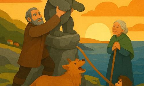 A man — Einar — weathered face, streaked gray beard, pale blue eyes, wearing a brown wool coat and worn leather boots, strains to lift a large stone bear statue, arms outstretched, atop a cliff; a dog — Bjorn — tall, golden-brown fur, bright eyes, pulls on a rope tied to the statue and barks joyfully beside him; an elderly woman — Mother Astrid — wrinkled face, white hair in a bun, green wool shawl, stands slightly below on the path, watching proudly with hands clasped on her staff; a village girl and boy (about 8–10) in colorful wool clothes, hair blown by the wind, are lower on the cliff, small, applauding and pointing at the statue; the rocky cliff is covered in lichen and moss with dark sand and seaweed on the shore below, a deep blue fjord stretching to the horizon and wooden houses with smoking roofs visible as small colored dots in the distance; main scene: golden sunset with warm light cutting silhouettes as Einar and Bjorn place the bear statue on its stone pedestal atop the cliff while villagers cheer and the sea breeze stirs flags and hair.
