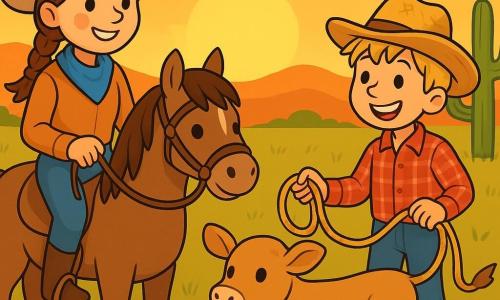A smiling cowgirl, about 25 years old with brown hair in a braid, wears a beige cowboy hat and a bright blue scarf. She is riding a gentle brown pony named Button, who is attentively watching a small calf. Next to her, a young boy around 10 years old with messy blond hair wears a red checkered shirt and a straw hat. He holds a rope in his hands and smiles enthusiastically, ready to help. The setting is a vast prairie bathed in the golden light of the setting sun, with rolling hills on the horizon and green cacti standing like sentinels. The cowgirl and the boy are trying to guide a small calf across a log, creating a friendly and joyful atmosphere that reflects the spirit of cooperation and adventure in the Wild West.