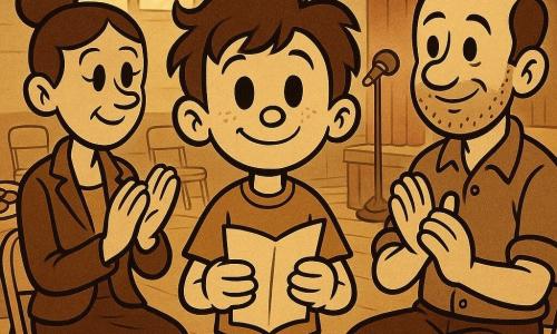 A 12-year-old boy with a round face and tousled brown hair, a timid but brave and gently relieved expression, holding a paper program and smiling slightly, stands between his parents: a mother (~36) with brown hair in a bun and a simple jacket, sitting left, gentle but slightly distant, applauding a half‑arm's length from him; and a father (~38) with a few days' stubble and a casual shirt, sitting right, with a reserved smile and protective gaze, also applauding, no physical contact between the parents; in a school gym with high windows filtering yellow light, shiny wooden floors, beige folding chairs, a table with cookies, a mic on a stand and a small red stage curtain in the background; warm but slightly tense 