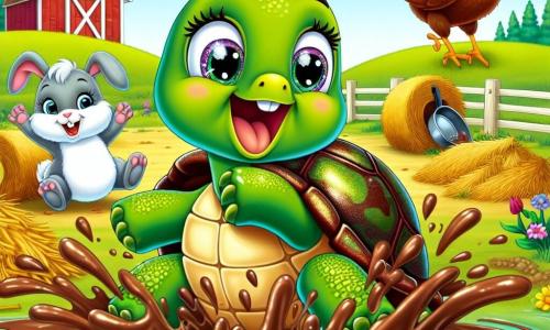 Uma tartaruga feliz chamada Tina, com um casco verde brilhante e olhos brilhantes de travessura, se prepara para deslizar sobre uma manga cheia de lama, com um grande sorriso no rosto. Ao lado dela, um coelhinho travesso chamado Riquinho, com grandes orelhas e pelagem branca, salta de alegria, suas patas traseiras no ar, pronto para incentivá-la. Perto dali, uma galinha ruiva chamada Lili, com penas brilhantes e um olhar determinado, se prepara para passar por um fardo de feno, com as asas abertas. A cena acontece em uma fazenda ensolarada, cercada por campos verdes e flores coloridas, com um grande celeiro vermelho ao fundo. Em primeiro plano, uma divertida corrida de obstáculos é montada, com fardos de feno, uma manga escorregadia e uma frigideira de ferro. A situação principal mostra Tina, a tartaruga, deslizando alegremente sobre a manga, espirrando lama ao seu redor, enquanto Riquinho e Lili a incentivam com risadas e gritos de alegria.